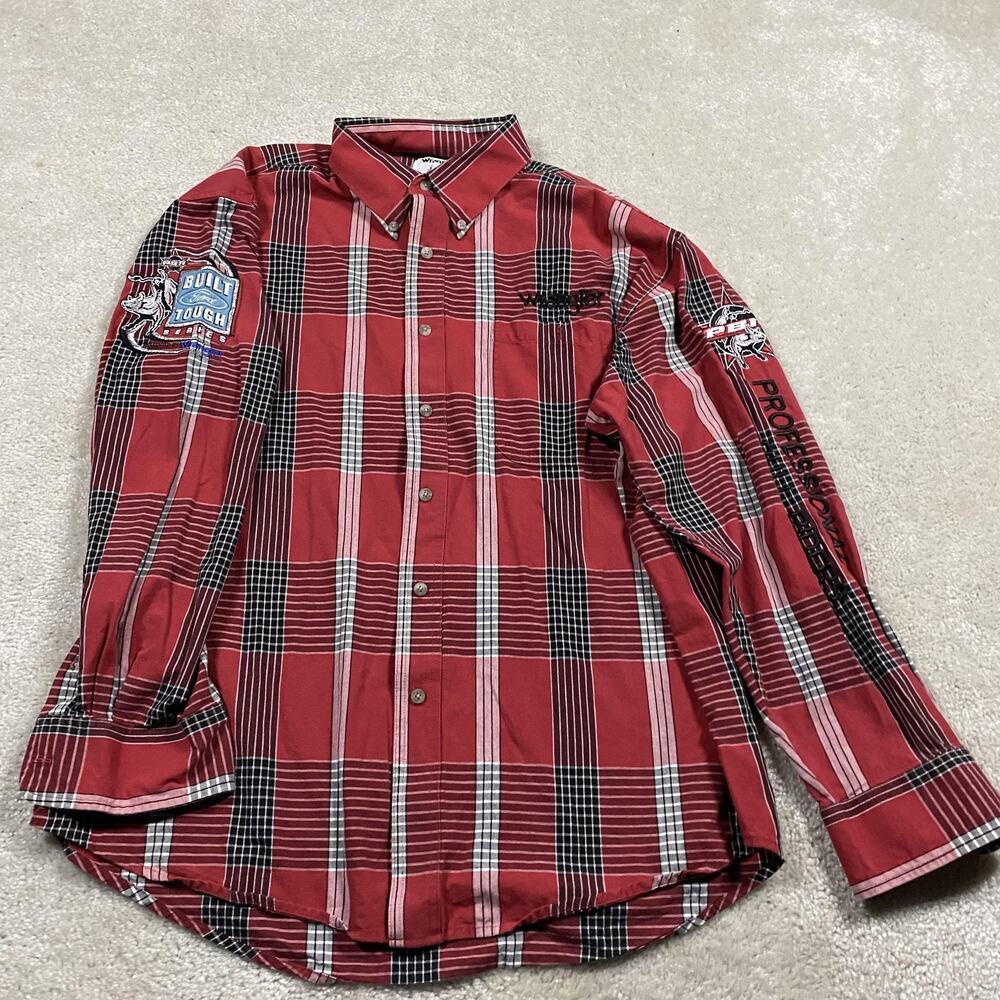 Wrangler PBR Shirt Mens XL Red Plaid Long Sleeve Western Bull Riding Rodeo Ford